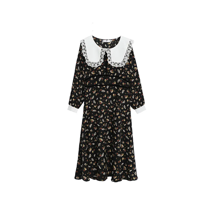 

Large size women's spring new idyllic flower dress doll collar skirt vintage long sleeve dress