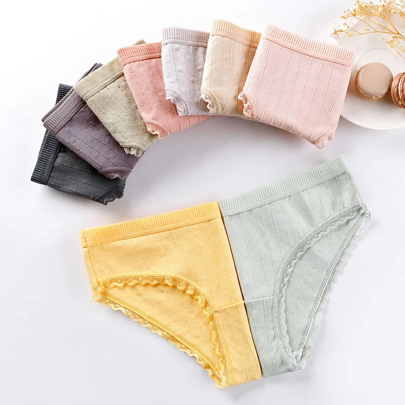 

Women Panties 3 Pcs Knitted Cotton Antibacterial Seamless Underwear Set Sexy Lace Lingerie Briefs Low Waist Large Size Briefs