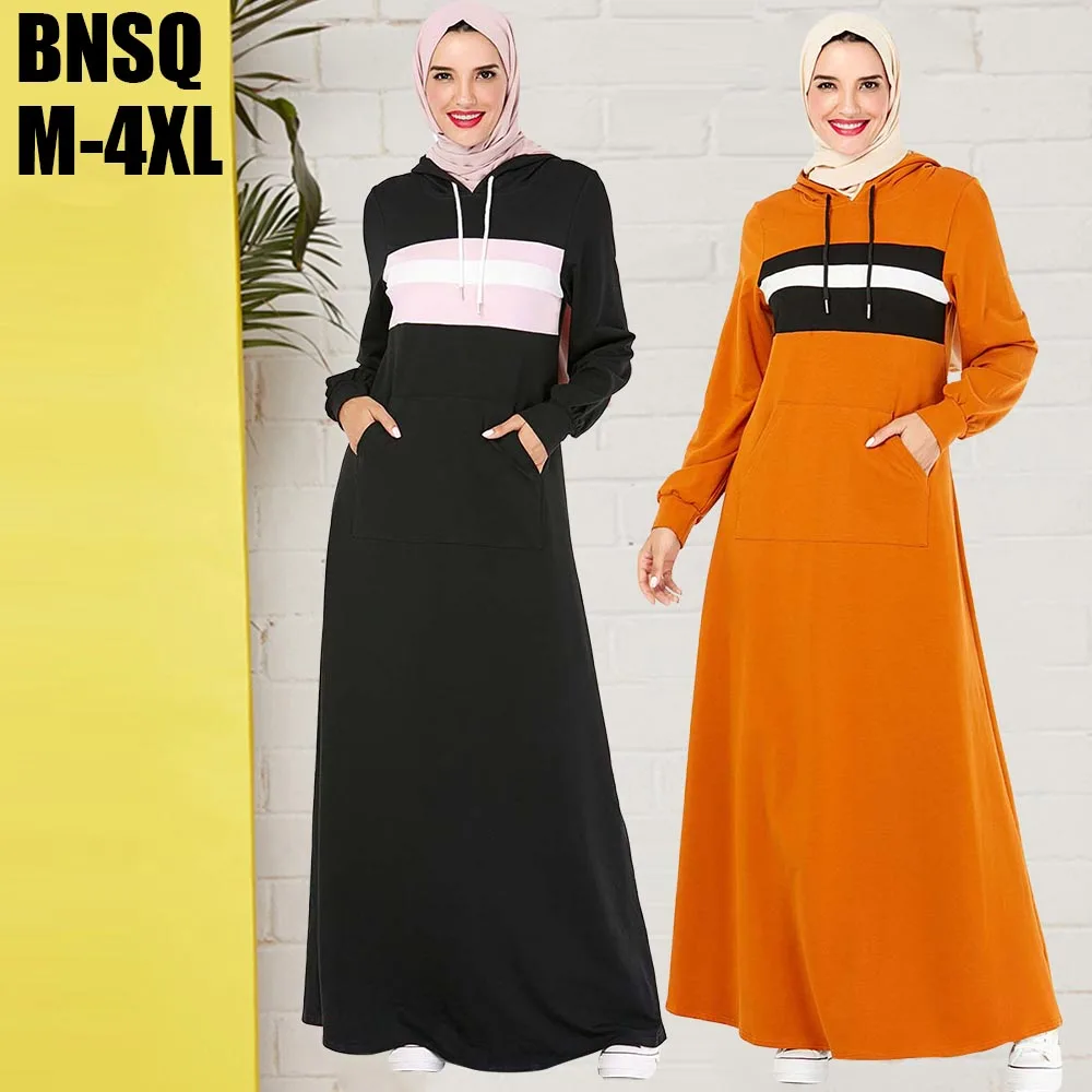 

BNSQ Hooded Sweater Maxi Dress With Pocket slamic clothes turkey pakistani Oma Hijab Caftan Robe Dubai Muslim Moroccan Kaftan
