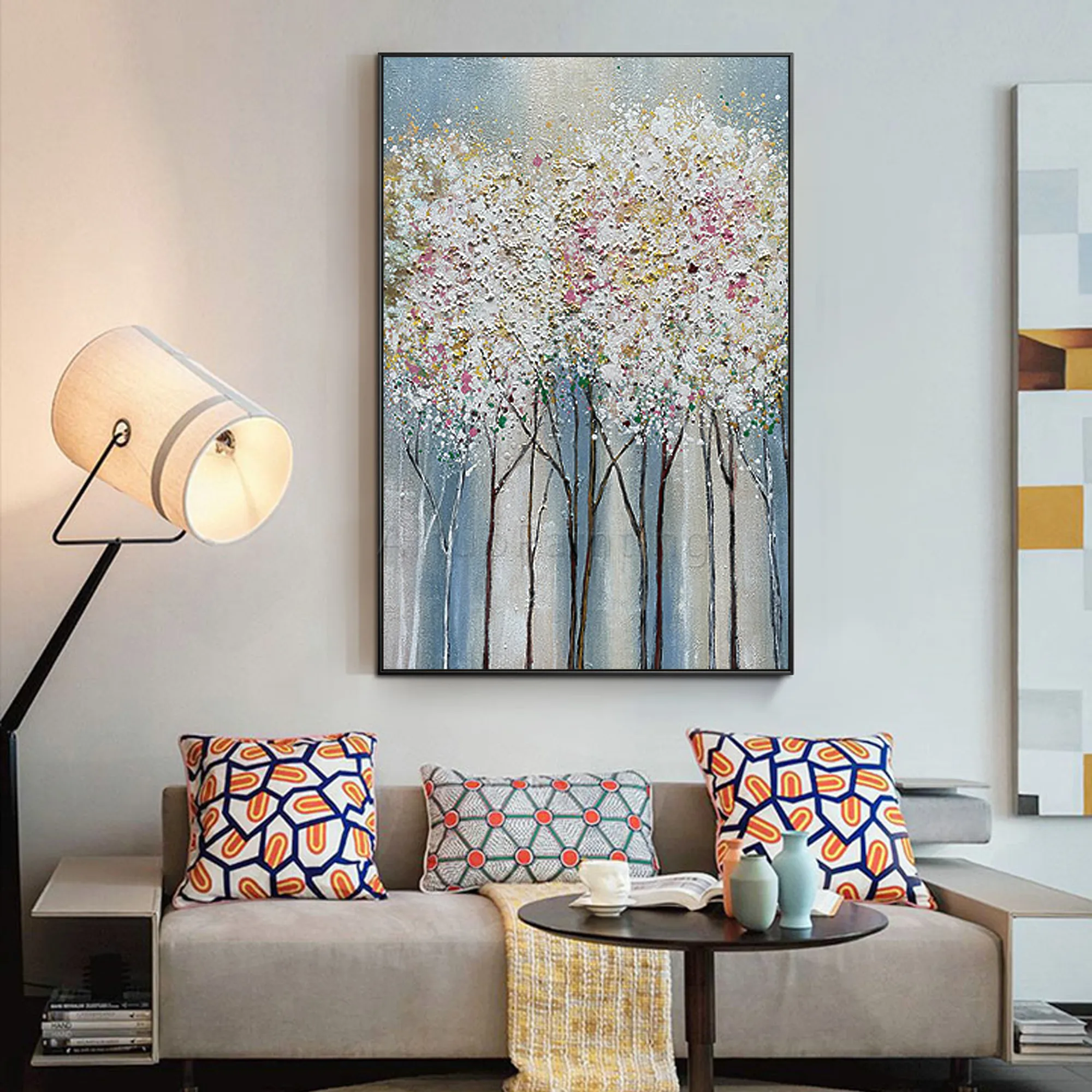 Beste Grote Abstract Hand Geschilderd Landschap Tree Wall Art Foto Acryl Textuur Canvas Wit Olieverf Woonkamer Home Decor