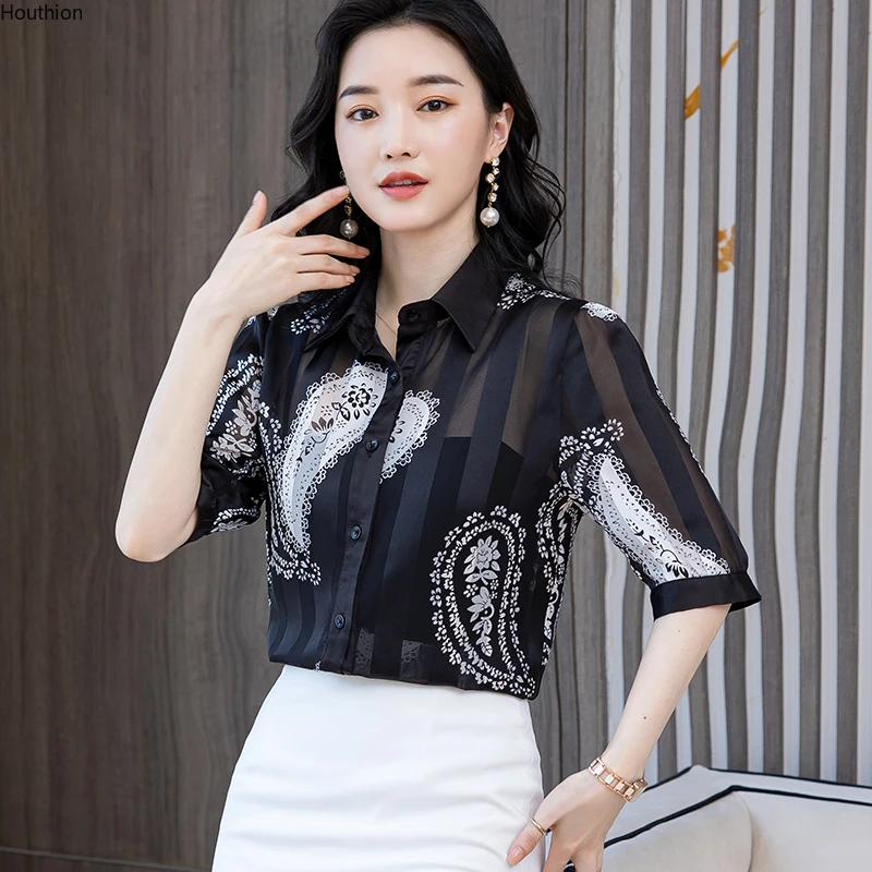 

Women's Blouse Short Sleeve Top Polo Shirts Printed Blouses Fashion Tops Casual Shirt Summer New Korean Through Houthion