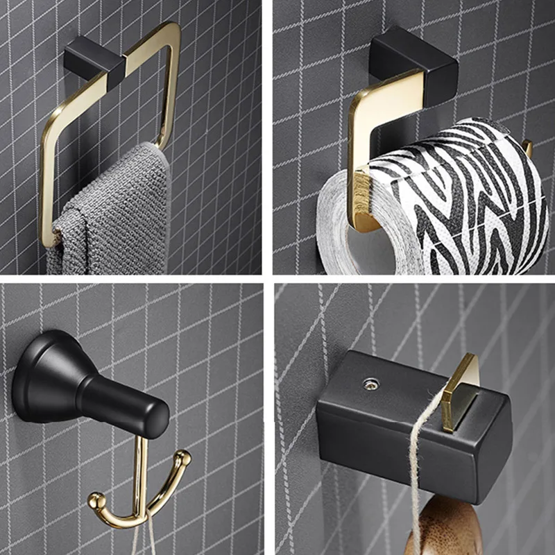 New Nordic 304 Stainless Steel Black Gold Square Towel Ring Hook Rag Roll Paper Holder For Bathroom on - Новый скандинавский квадратный кольцевой крючок для полотенец из черного золотистого нержавеющей стали 304 с держателем для тряпок и рулонов бумаги дл