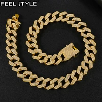 hip hop 20mm bling aaa iced out alloy rhinestones prong cuban link chain necklace for men jewelry