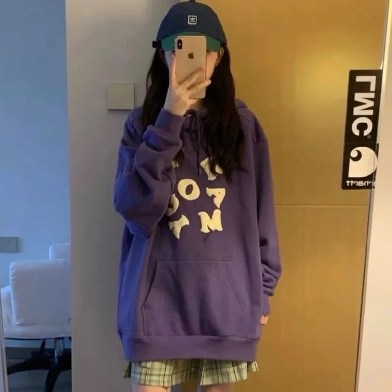 Hoodies Women Letter Oversize Plus Velvet Thicker Harajuku Teens Fashion New Ulzzang Streetwear Front Pocket Hooded Tops Chic | Женская