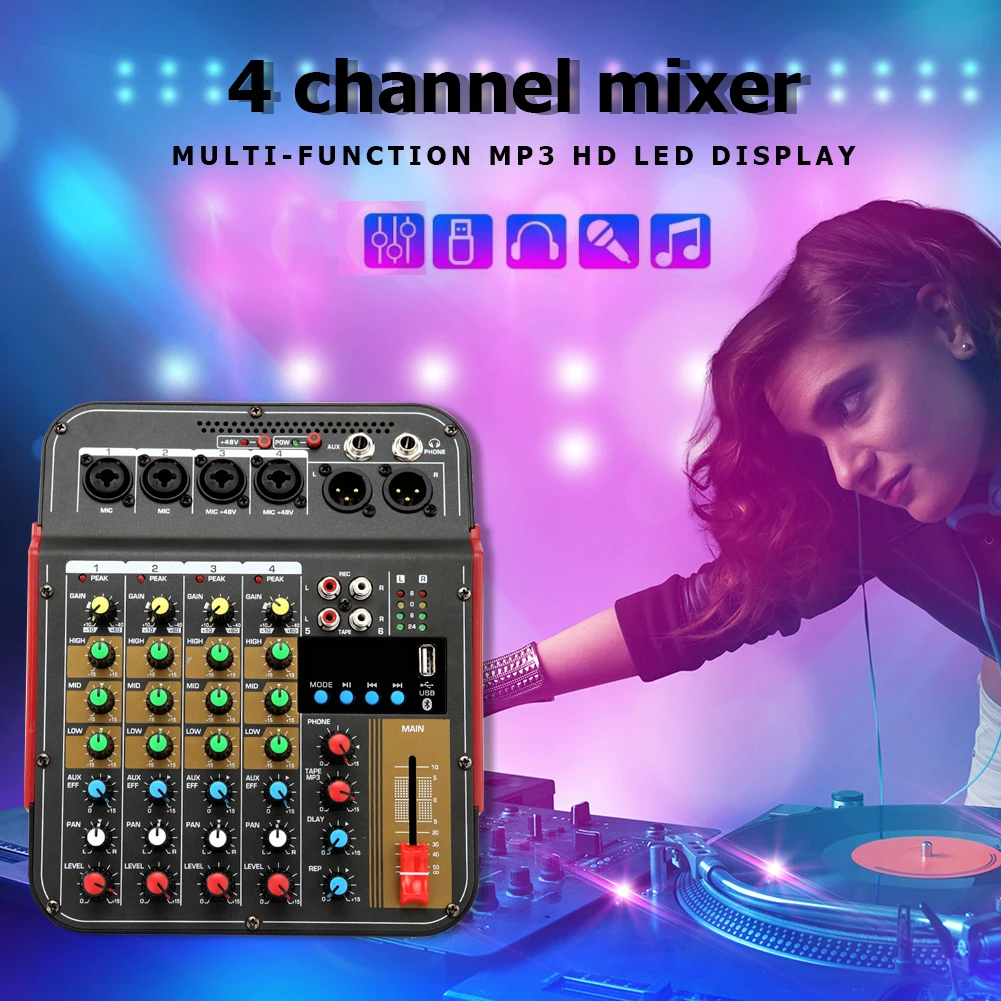 

Sound Mixing Audio Mixer 4 Channel Console BT MP3 Digital Amplifier for Karaoke KTV Match Party Studio Accessories