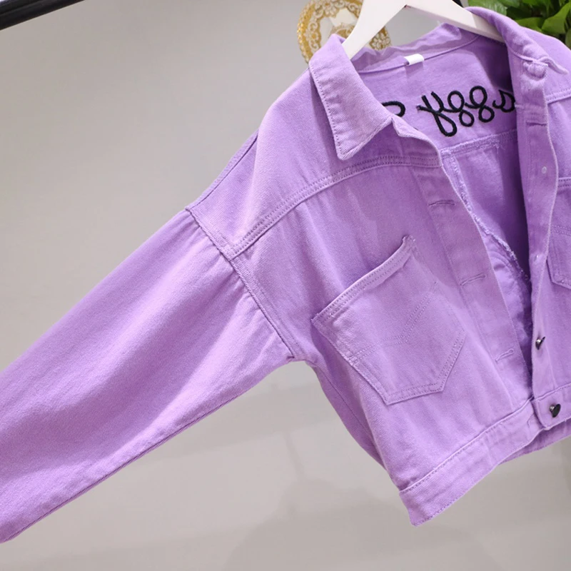 Весна-Осень 2020 Женские Модные фиолетовые розовые джинсовые куртки с вышитыми