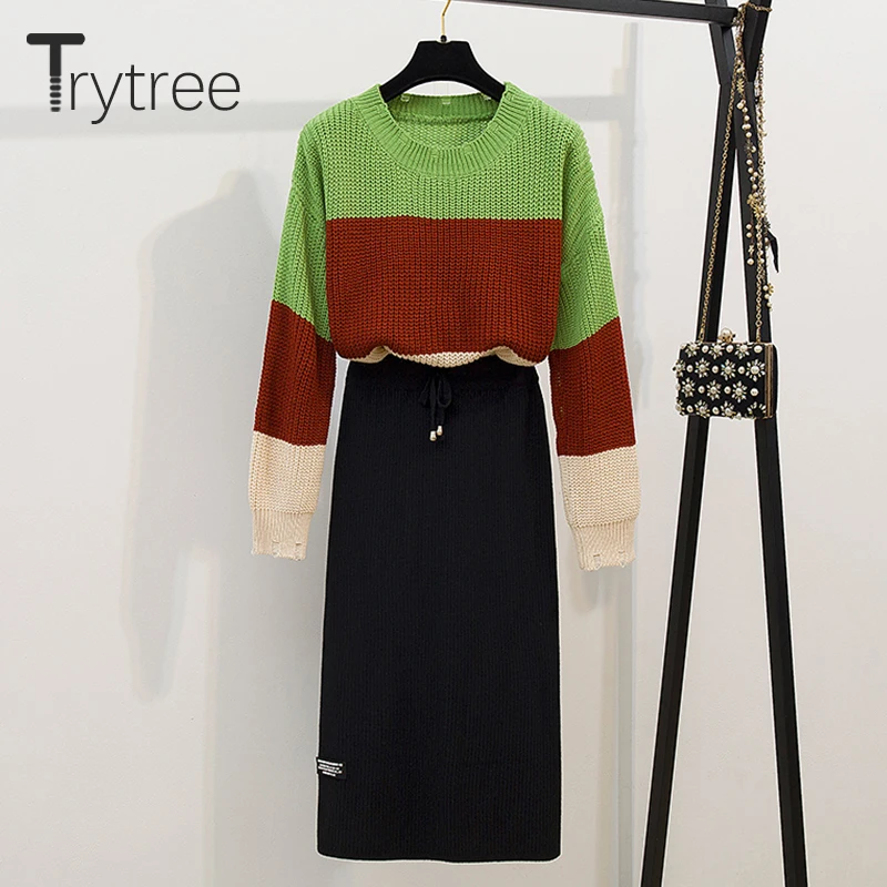 Trytree Autumn Winter two piece set Casual Spliced Loose Knitwear Sweater + Skirt Drawstring Fashion Office Lady Set 2 Piece Se | Женская