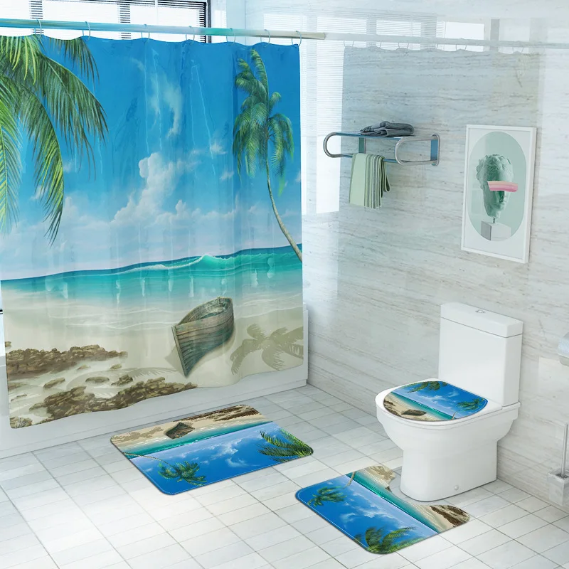 

Высококачественная 3D занавеска для душа с морским пейзажем, Пляжная занавеска для ванной, на подставке, коврики для туалета, коврик для ванн...