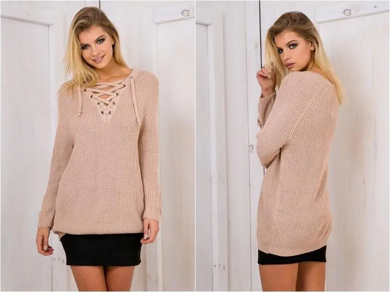 

2021 mid-length chest lace v-neck pullover sweater women sleeves lace-up sweater