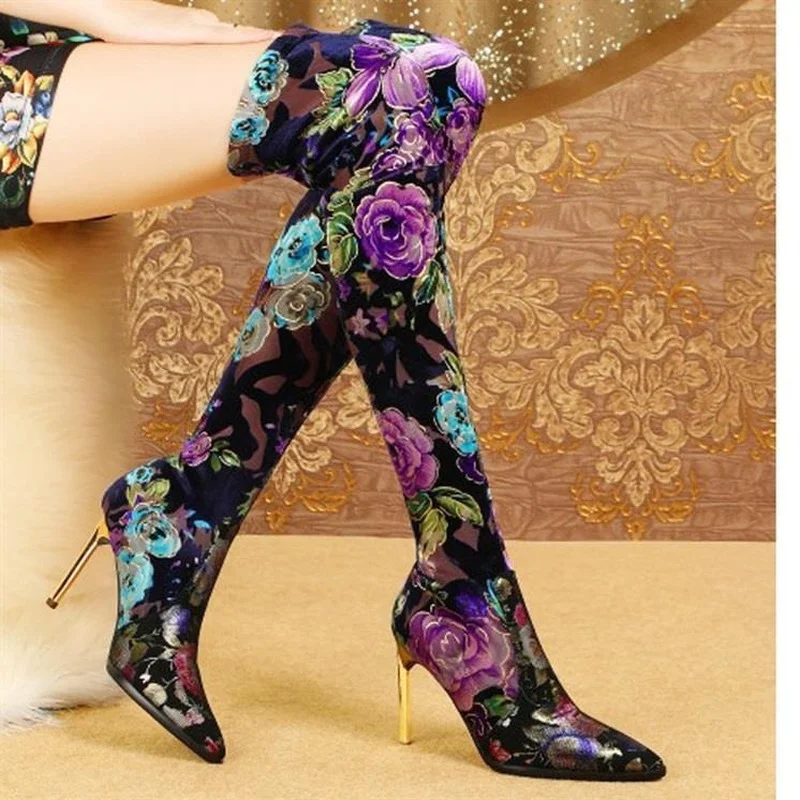 

Women's Stretch Boots 2021 Winter New Rear Zipper Square Toe Thick Heel Long Boots Plus Velvet Over The Knee Knight Boots Wedges