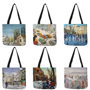 2020 зимние сумки с принтом снега, женские креативные сумки-тоуты для покупок с акварелью и пастельным рисунком, 13110