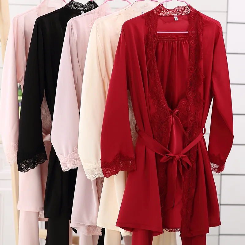 

Black Women Home Wear Pajamas 3PC Strap Top Pants Suit Sleepwear Sets Nightgown Sexy Lady Kimono Robe Bath Gown Nightdress
