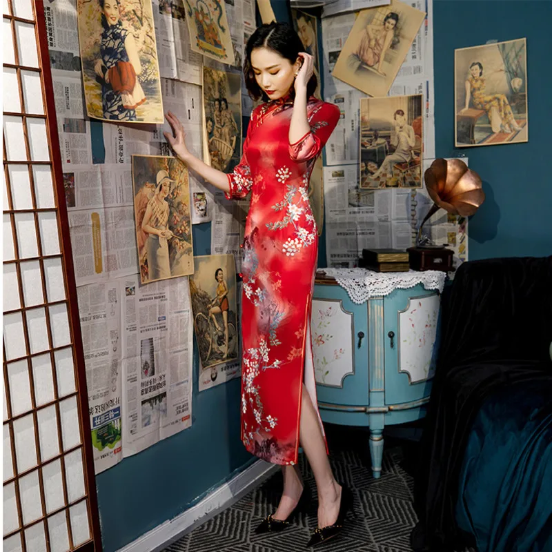 SHENG COCO осенние улучшенные шелковые Cheongsam китайские платья 4XL длинное вечернее Ципао женское тонкое шелковое китайский, Восточный стиль платье