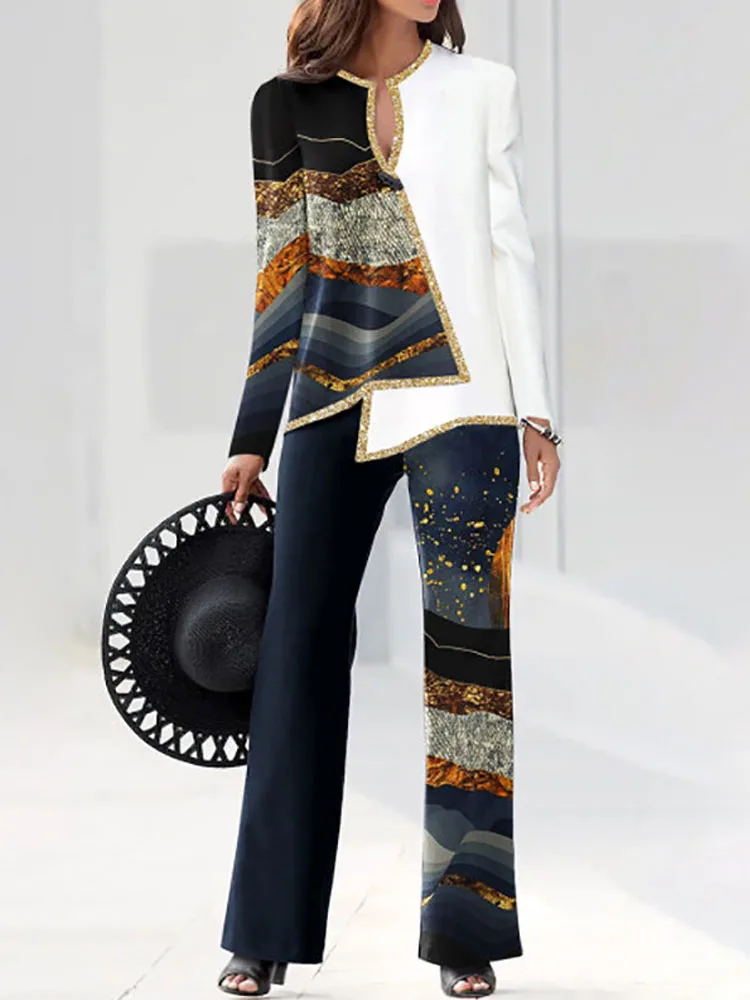 Женский Асимметричный топ с круглым вырезом и брюки широкими штанинами |