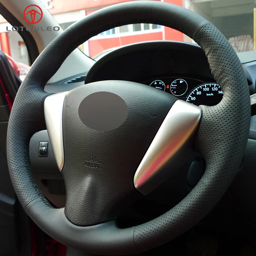 

LQTENLEO Black Genuine Leather Car Steering Wheel Cover For Nissan Tiida Sylphy 2012-2015 Versa 2015-2019 Versa Note 2014