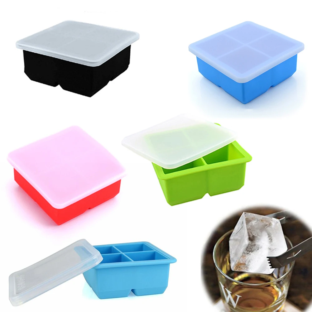 

Silicone Square 4 Grid Large Ice Cube Tray Maker Mold Mould With Lid Jelly Tool