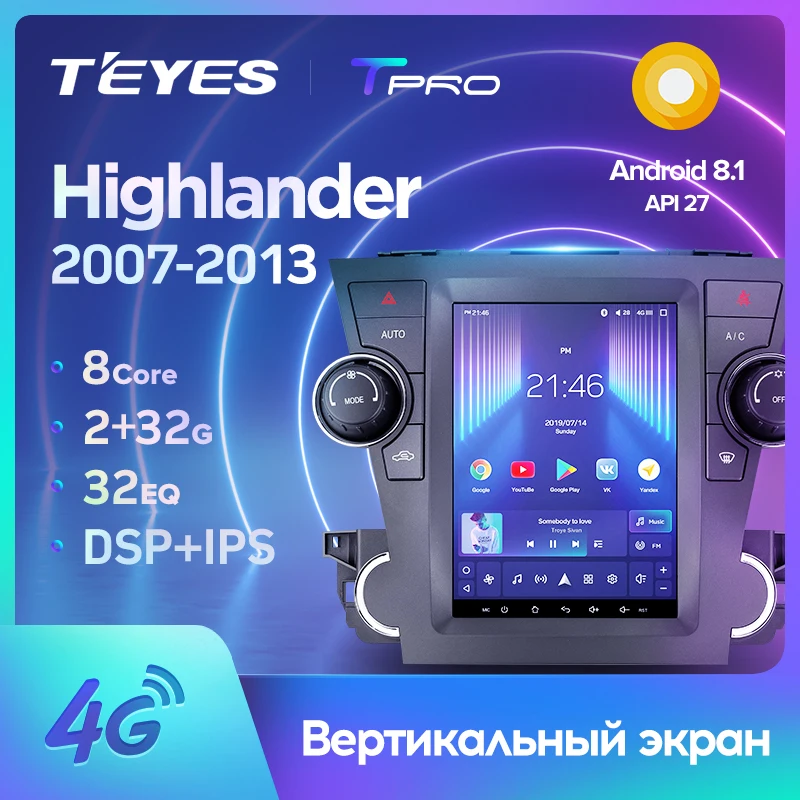 TEYES TPRO Штатная магнитола For Тойота Хайлендер Toyota Highlander 2 XU40 2007 2013 Tesla style screen Тесла
