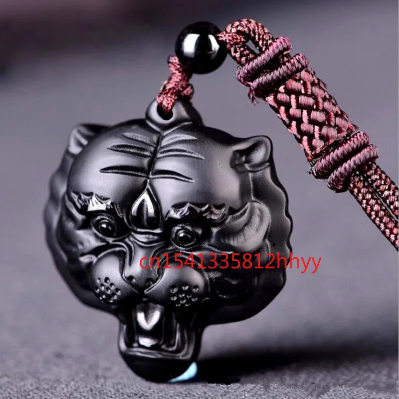 

Natural Obsidian Tiger head Pendant Necklace Man Exquisito Jewellery Fashion Accessories Hand-Carved Luck Amulet