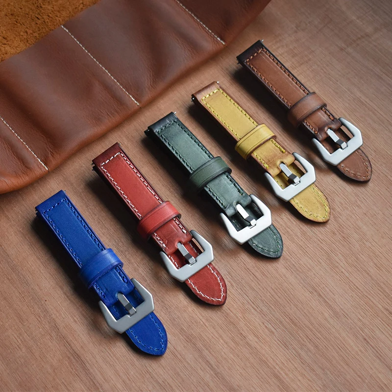 Handmade Watchband 20mm 22mm 24mm Green Red Blue Brown Vintage Leather For Panerai Watch Strap Band KZB02