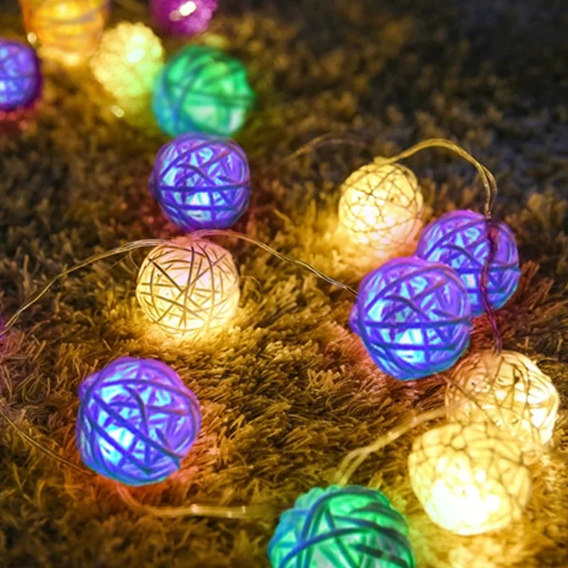 

20 LEDs 2.5m Rattan Balls String Lights Battery Garland Cotton Ball Light Chain Holiday Christmas Lights for Patio Wedding Decor
