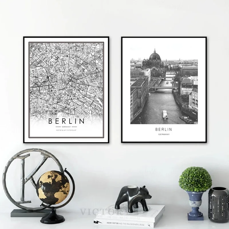 Плакат с картой Берлина рисунок на холсте пейзаж Германии черно-белая настенная