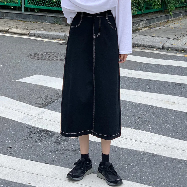 

2 Colors long denim Skirt Women 2021 Korean style Long Jeans Skirt High Waist a line Skirts Long For Womens