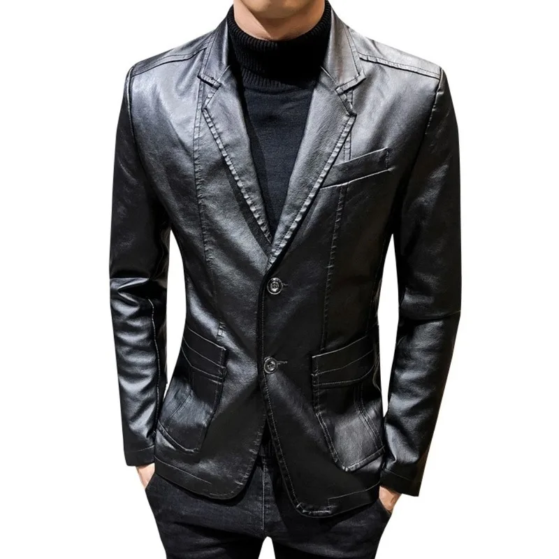 

Autumn Winter Coats Jackets Men Solid Color Faux Leather Suit Jacket Long Sleeve Lapel Blazer Men's Jackets and Coats