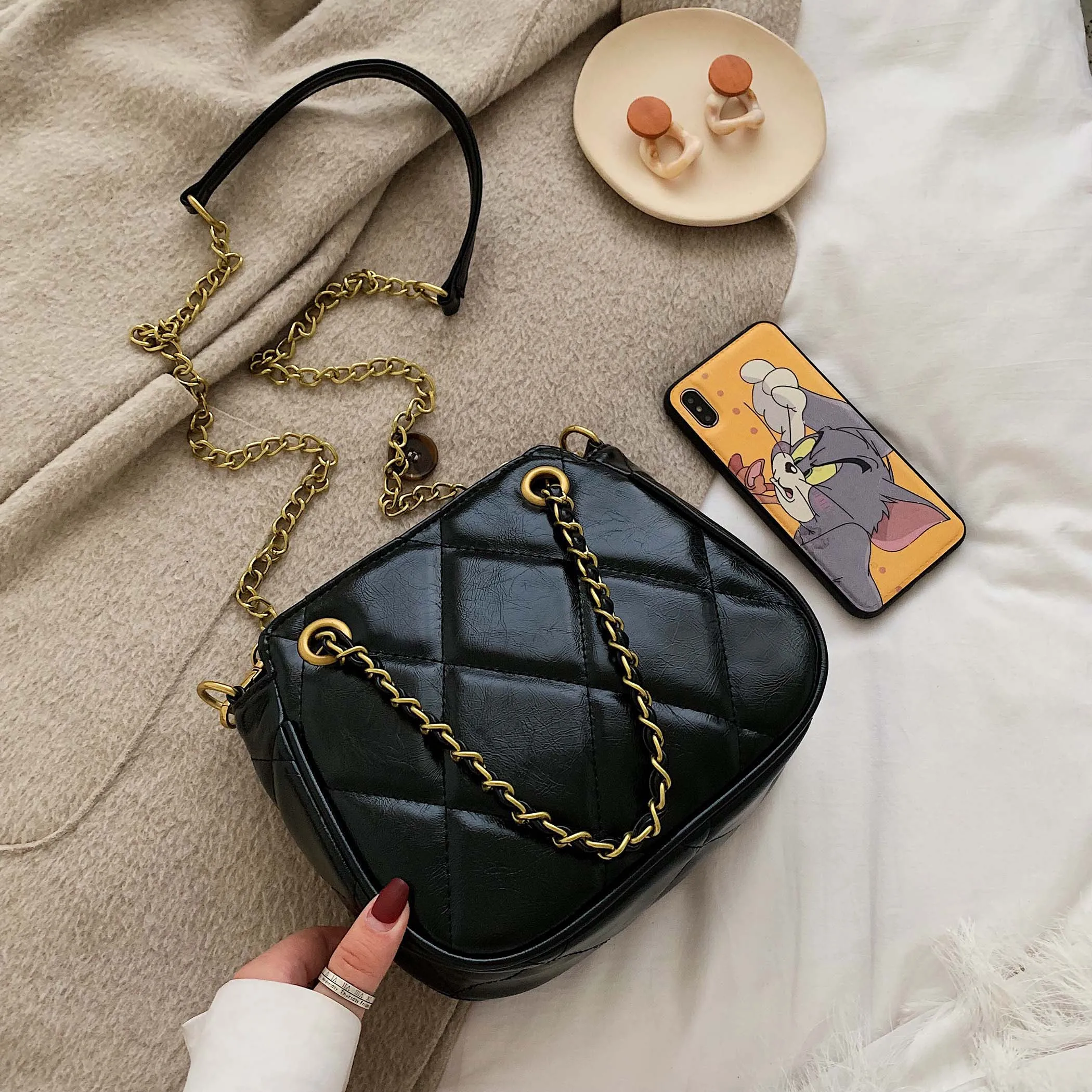 Женская кожаная клетчатая сумка сумка-мессенджер на плечо с цепочкой известный