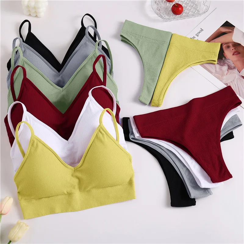 

Women Padded Bra Brazilian Panties Set Seamless Tops Sports Bra Set Sexy Thongs Girl Lingerie Fitness Crop Top Underwear