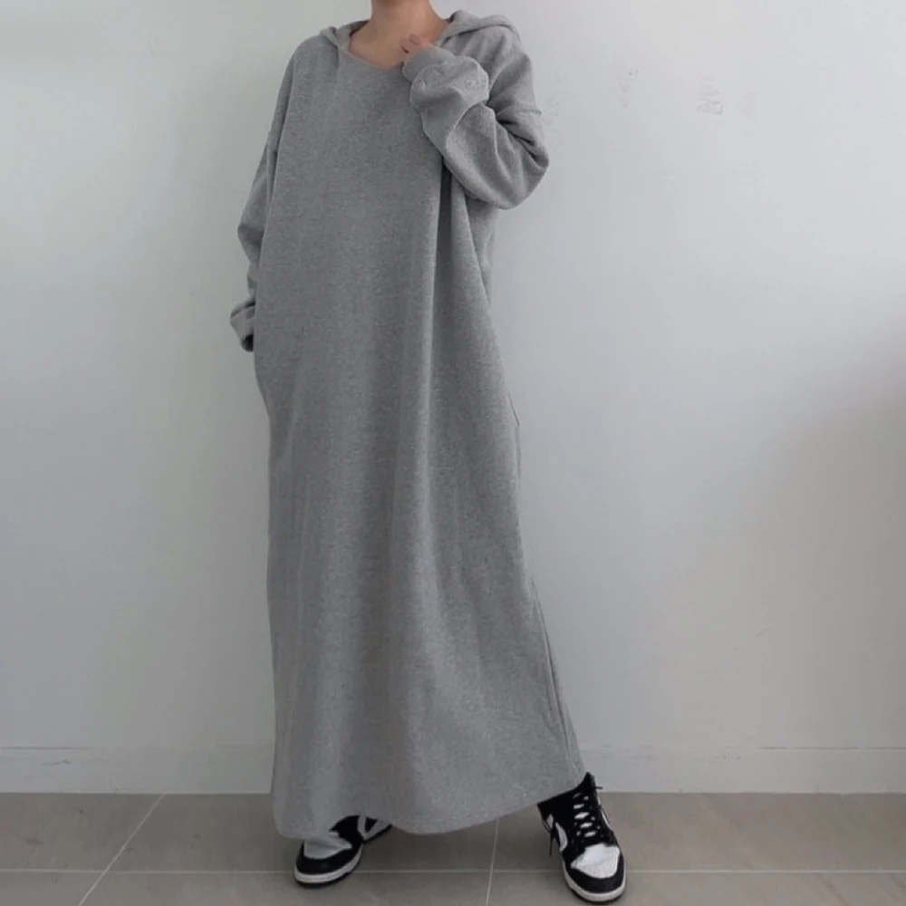 

Dress 2021 Korean Fashion Womens Solid Color Plus Velvet Loose Casual Long Dress Autumn Winter Hooded Long Sleeve Dress Women