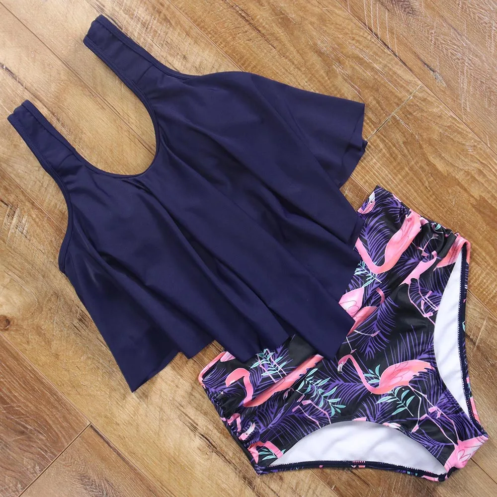 Женский бикини с высокой талией винтажный однотонный купальник-танкини оборками