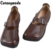 careaymade genuine leather womens spring and summer leather soft sole mary jane square top flat shoeshand made fltas shoes