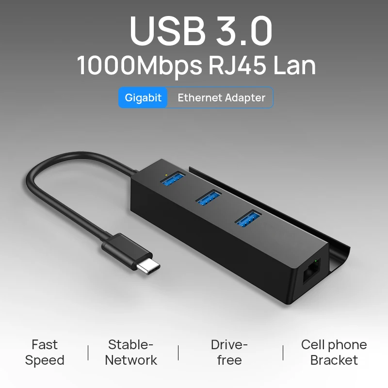 Концентратор USB Type-C USB-C RJ45 адаптер Gigabit Ethernet 1000 Мбит/с LAN порт USB-A 3 0 с держателем для