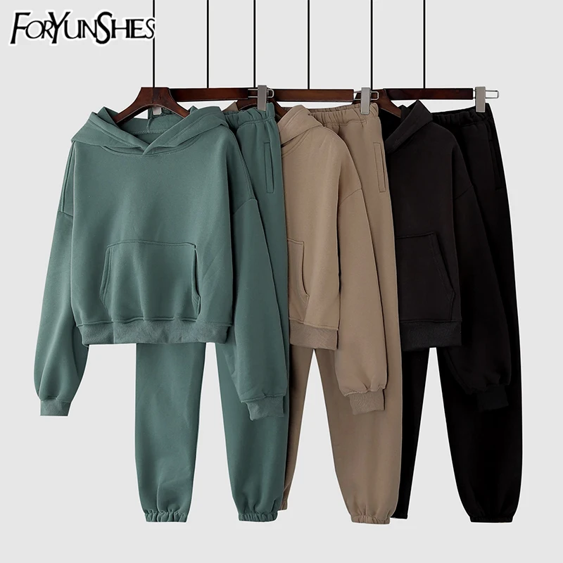 Two Piece set Women Tracksuit Casual Short Hoodies Outfits Sweatshirt Fleece 100% Cotton Jogging Pant Suit Sports 2021 Spring |