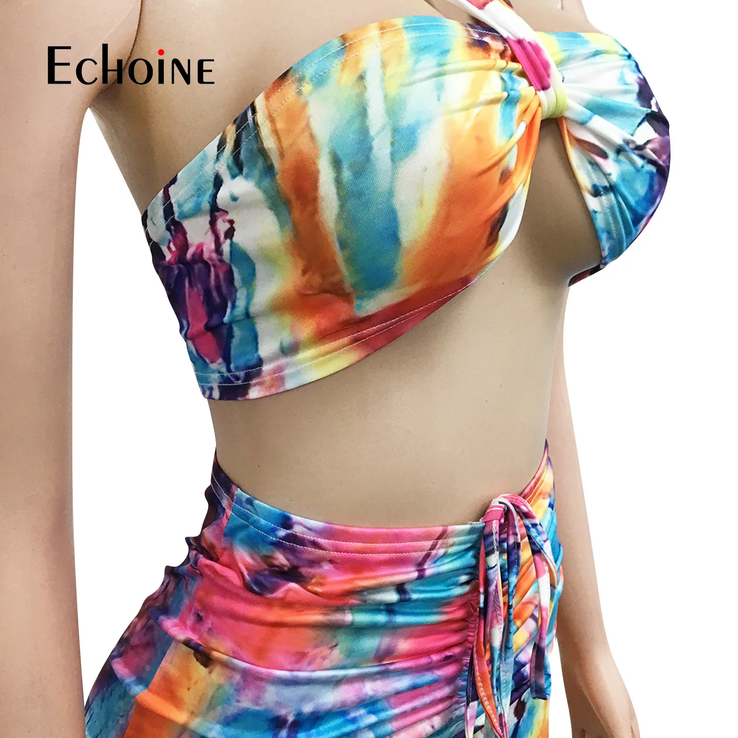

Women Tie-dye Print Two Piece Set Halter Crop Tops Drawstring Waist Bodycon Skirts Sexy Night Clubwear Summer 2021 Suit