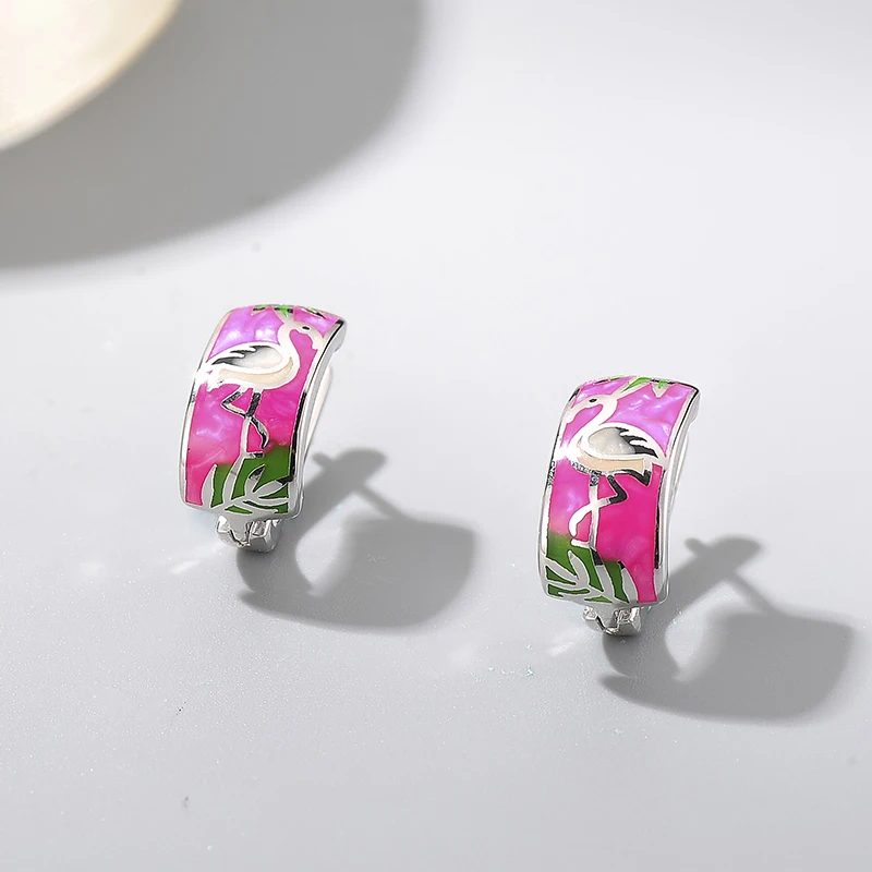 2021 new DIY gift 925 Sterling Silver Red-crowned crane green leaf pink Enamel fashion Ear clip Party Jewelry | Украшения и