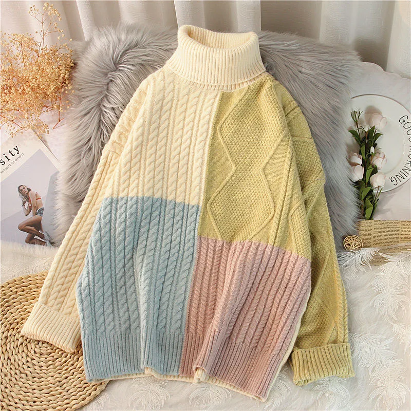 

Korean Fashion Turtleneck Knitted Sweater Women Loose Patchwork Long Sleeve Jumper Winter Casual Candy Color Contrast Pullover
