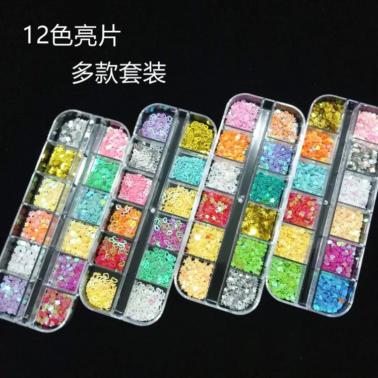 

12 Grids/Set Mixed size Nail Glitter Flakes 3D Sequins Paillette Powder Charm Nail Art Decoration Manicure tools