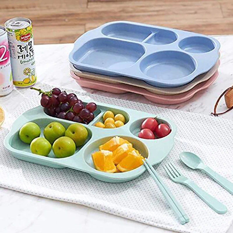 

Hot 4Pcs/Set Eco-Friendly Children's Dishes Plates Tableware Set Healthy Wheat Straw Baby Kids Toddlers Food Feeding Dinnerware