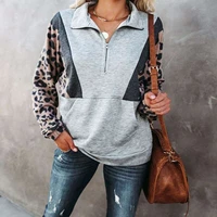 2021 autumn womens sweatshirts turn down collar pocket long sleeve casual loose zip leopard printed patchwork pullover