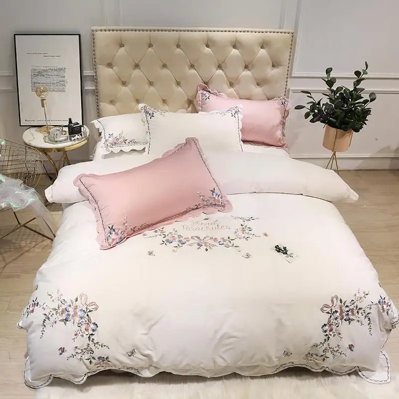

White pink Egyptian cotton embroidery luxury Bedding Set queen size king duvet cover bed sheet fitted sheet set ropa de cama