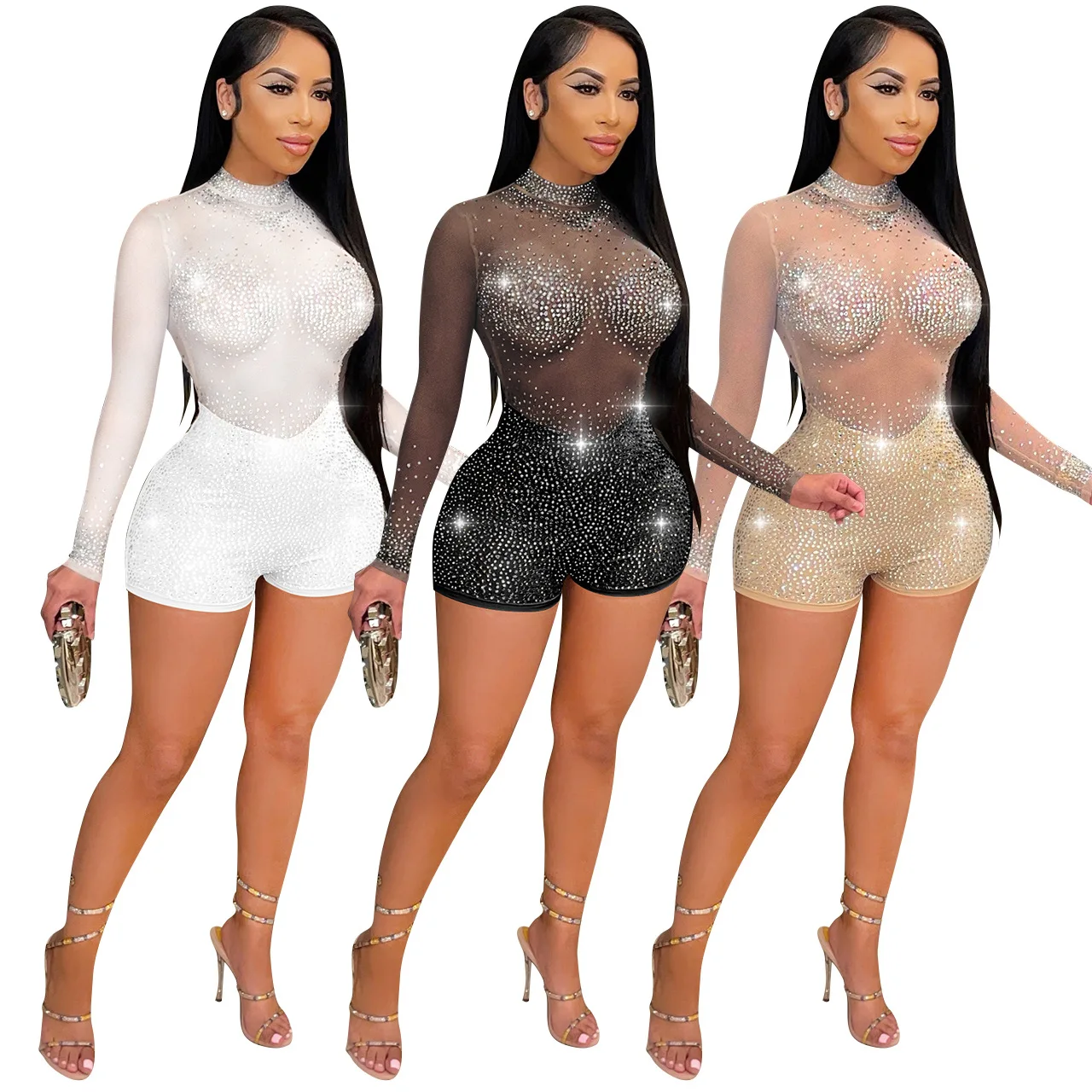 

Diamonds Sheer Mesh Playsuit Women Sexy See Through Mock Neck Long Sleeve Skinny Bodysuits Night Club One Piece Overalls Female