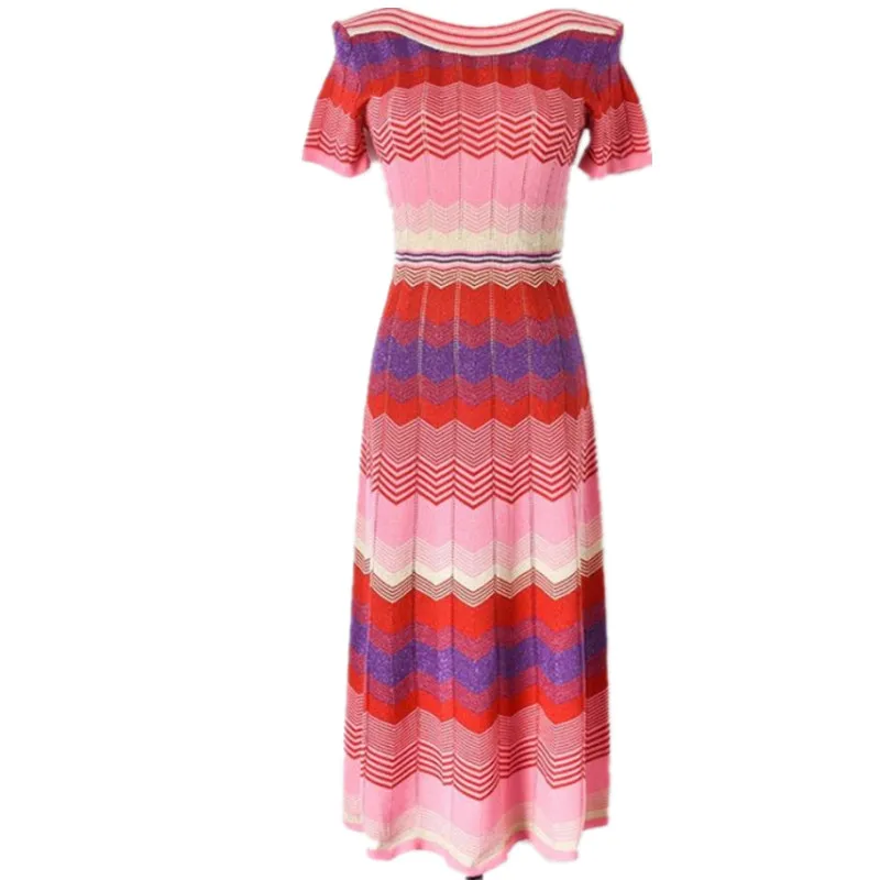 Женское ажурное платье в полоску Элегантное трикотажное праздничное трапеция с