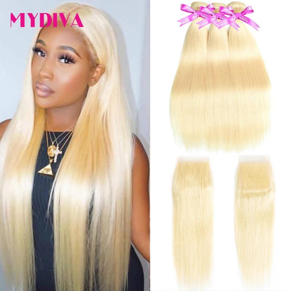 

613 Honey Blonde Bundles With Closure Straight Human Hair 3/4 Bundles With Closure 4x4 Transparent Lace 30 40 Inch Bundles