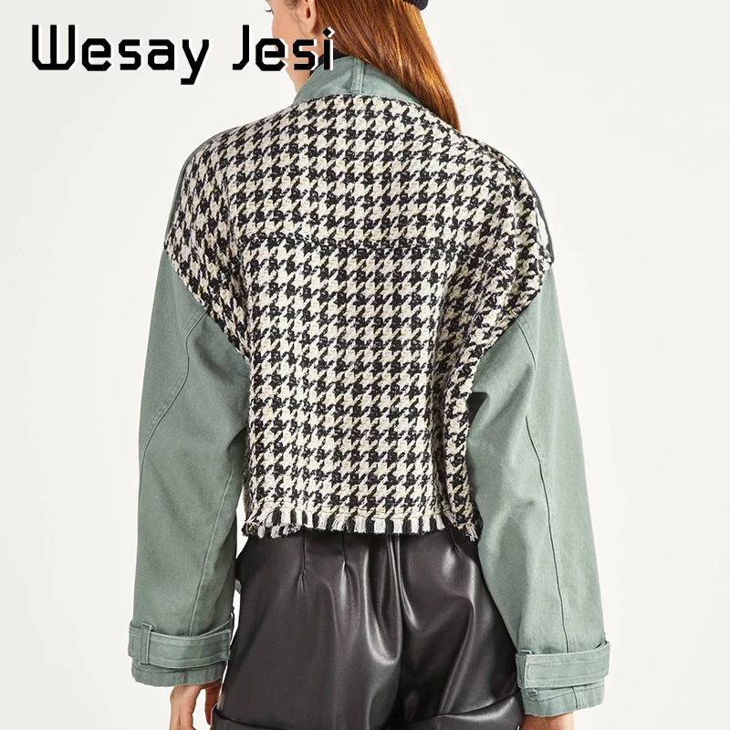 Женская твидовая куртка с большими карманами свободная высоким воротником в