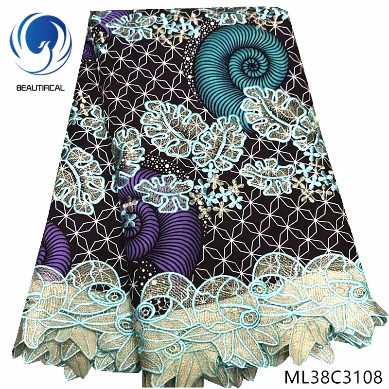 ML38C3108 BEAUTIFICAL африканская кружевная ткань Новое поступление хлопок воск смесь гипюр кружевная ткань для женщин 6 ярдов Африканское восковое кружево ML38C31 - Цвет: ML38C3108