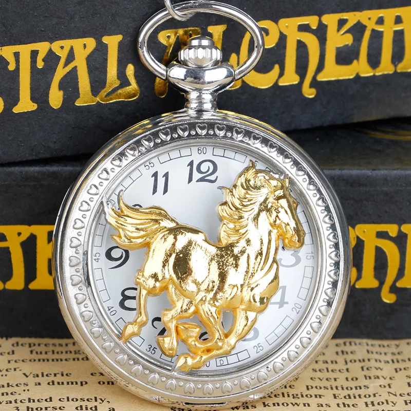 

Gold Silver Running Golden Horse Quartz Pocket Watch Necklace Men Women Gifts With Fob Chain TD2087