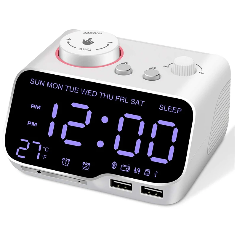 

Цифровой будильник, радио, Bluetooth-динамик, 12/24 ч, диммер, двойной будильник, Повтор сигнала, термометр, таймер сна, белая вилка стандарта США