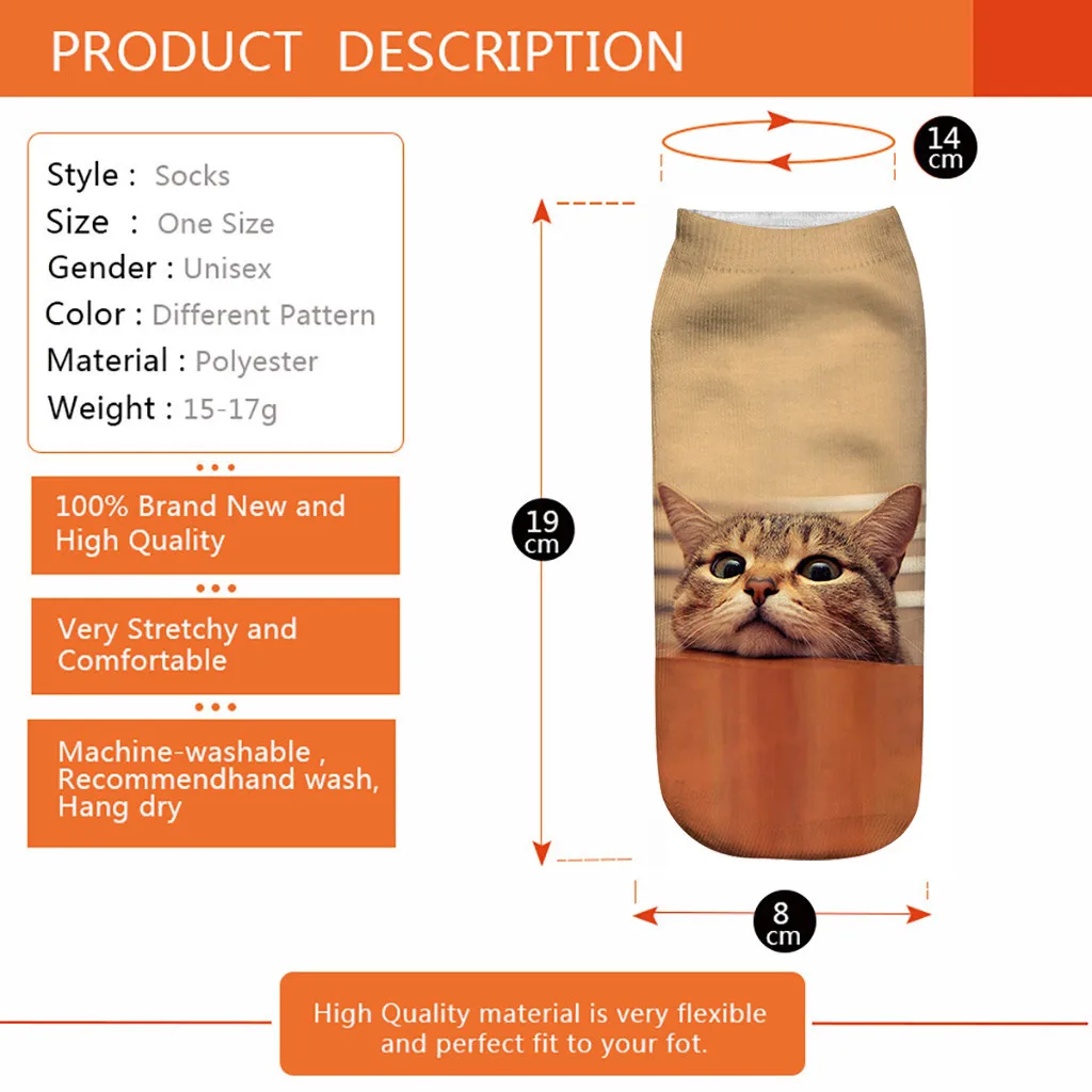 

New 3D Printed Women Man Socks Funny Creative Pet Cat and dog Face Unisex Cotton Anklet fashion Short Socks Casual skarpety A50