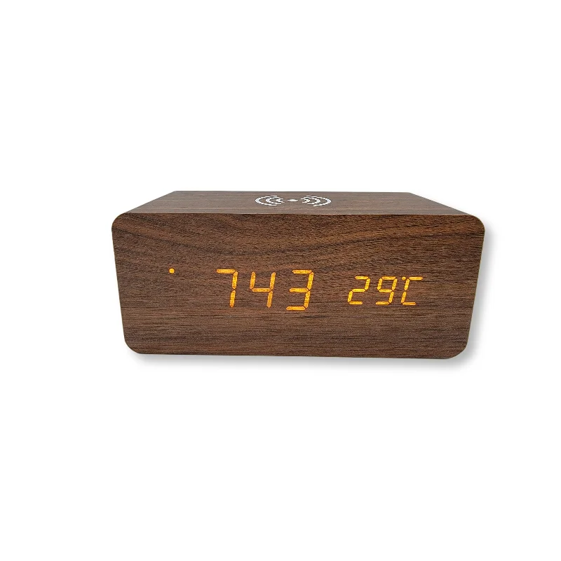 

Modern Wooden Despertador Digital LED Desktop Alarm Clock Thermometer With Qi Wireless Charging Pad Home Decoration